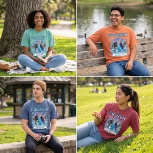 May include: Four people wearing different colored t-shirts with the word "Frozen" and a graphic of characters from the movie. The shirts are teal, orange, navy blue, and maroon. The shirts also have the text "Disneyland" on them.