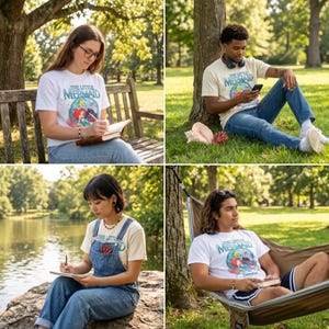 May include: Four people wearing "The Little Mermaid" t-shirts in an outdoor setting. The shirts are white or cream-colored with a colorful graphic. One person is reading a book, another is using a phone, a third is writing, and the fourth is relaxing in a hammock.