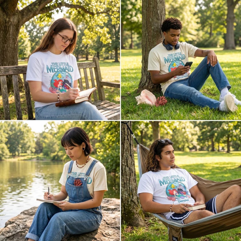 May include: Four people wearing "The Little Mermaid" t-shirts in an outdoor setting. The shirts are white or cream-colored with a colorful graphic. One person is reading a book, another is using a phone, a third is writing, and the fourth is relaxing in a hammock.