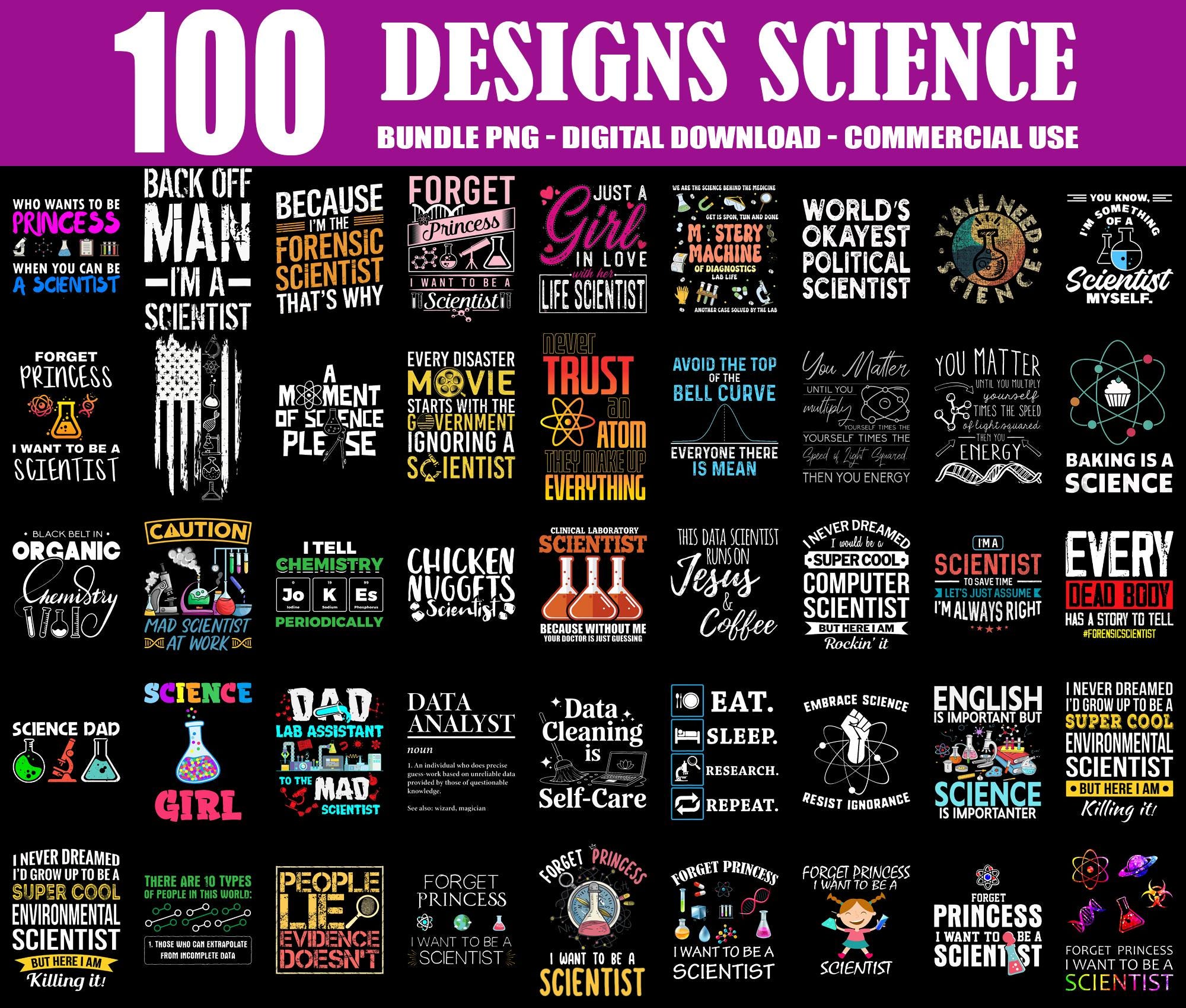 Paquete de 100 diseños de ciencia (en formato PNG), química (en formato PNG), amante de la ciencia (en formato PNG), ciencia retro (en formato PNG), profesor de ciencias (en formato PNG), estudiante de ciencias (en formato PNG), uso comercial