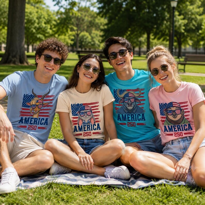 May include: Four people wearing t-shirts with patriotic animal designs and the text "AMERICA 250". The shirts are light blue, beige, turquoise, and pink. The designs include a deer, a rabbit, a bull, and a sloth, all wearing sunglasses.