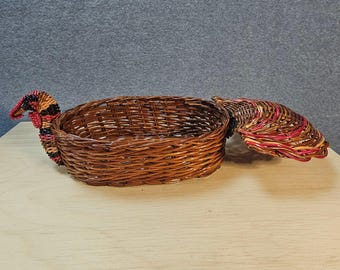 Woven Rattan Turkey Basket Thanksgiving Holiday Table Centerpiece Decor Vintage