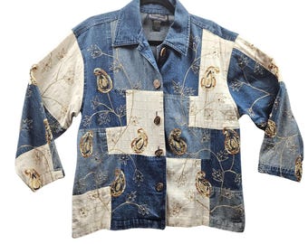 Vintage Denim Patchwork Shirt Embroidered design Wood Buttons Womens SM Hippy