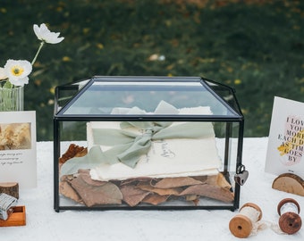 NCYP Black Standard/Large Geometric Glass Card Box Terrarium with Slot, Heart Lock, Foot, Handmade Brass for Wedding Reception