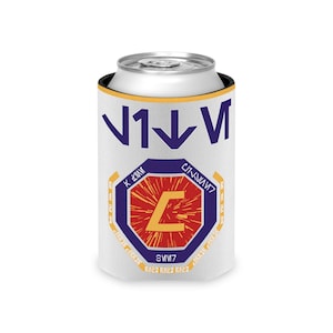 May include: White can cooler with a blue and yellow logo. The logo features a stylized letter L inside a hexagon with a red background. The text "V11V" is above the logo and the text "SWM7" is below the logo.