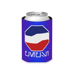 May include: A blue and purple can cooler with a red, white, and blue octagon design and the text "CYBER1" in white.
