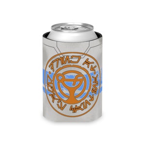 May include: A gray foam can cooler sleeve featuring a central orange circular emblem with stylized symbols and a blue horizontal stripe. The design includes a graphic of a chalice-like icon surrounded by text in an angular, fictional script.