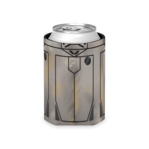 May include: A gray and black can cooler with a geometric pattern. The cooler is designed to fit a standard 12-ounce can.