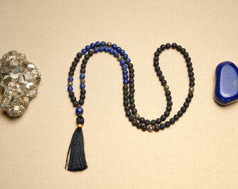 Mala for Grounding & Protection - Lava + Lazurite + Pyrite | Japamala, Bohemian Jewellery, Mala beads, Boho, Mala for him, Gift for him