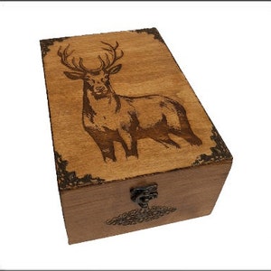 Box engraved with a deer, tall box type tea essential oils recipe cards photos etc... Wooden box engraved nature and forest