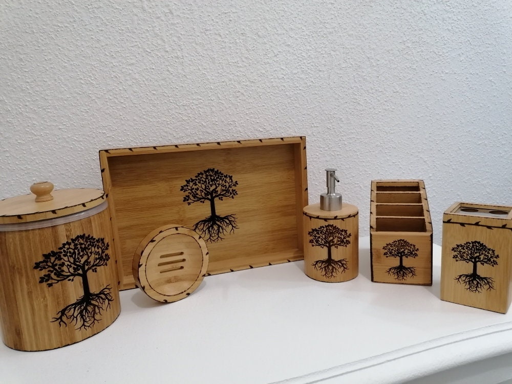 Accessoires en Bois de Salle Bain Gravé Arbre Vie Celtique Poubelle Distributeur + Porte Savon Organ