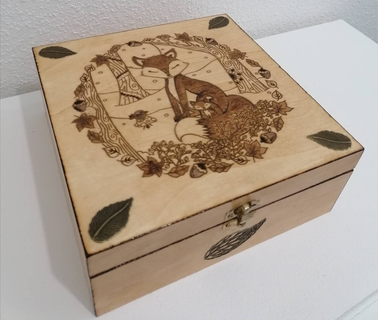 Boîte en Bois Coffret Gravée Renard et Renardeau Sous La Neige Automne Hiver Feuilles Érable Chêne G