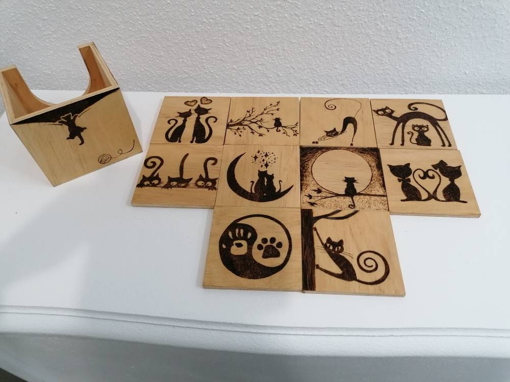 Lot 10 Dessous de Verre Tasse Mug Gravé Silhouette Mignon Adorable Drôle Chat Chaton Boîtier Rangeme