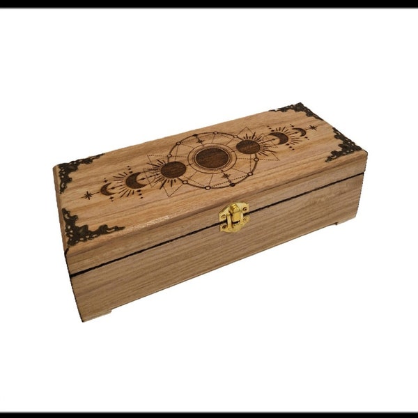 Rectangular wooden storage box engraved with the different phases of the moon lithotherapy essential oil tea stones crystals