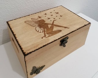 Wooden toy box engraved with a fairy and flight of butterflies wooden toy box for children birth gift baby keepsake box