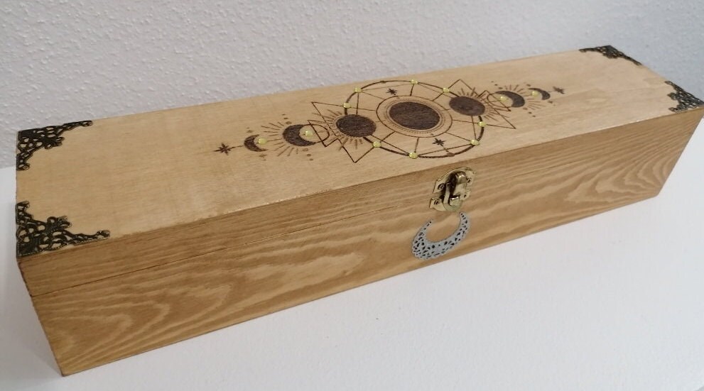 Grande Boite Bois Rectangulaire Gravée Phases de La Lune Bronze, Filigrane Argentée Pierre Cristaux 