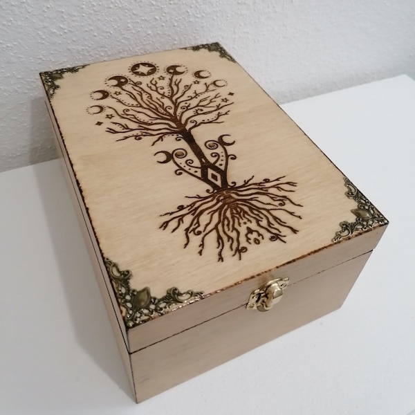 Tall wooden box engraved with a Celtic tree of life and phases of the moon storage essential oils crystals stones jewelry tea