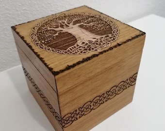 Box engraved with a crowned Celtic tree of life and Celtic knots Square wooden box for storage
