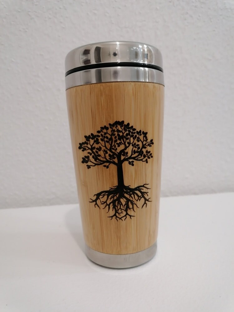Mug Gourde Solant Hermétique en Bois 38 Cl Gravé d'un Arbre de Vie Celtique et Message Dédié à La Fa
