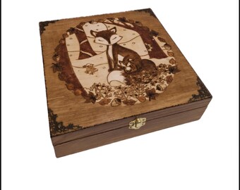 Engraved wooden box fox and fox cub under the snow autumn winter leaves maple oak acorns mushrooms tea sewing jewelry