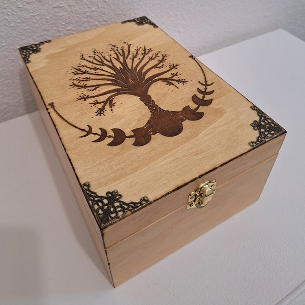 Tall wooden box engraved with a Celtic tree of life and phases of the moon storage essential oils crystals stones jewelry tea