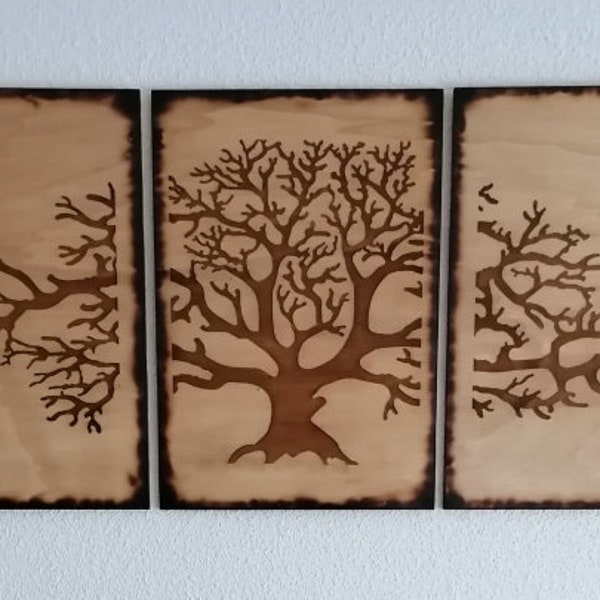 Grand triptyque en bois gravé d'un arbre ou art mural en bois tableau sur le thème de la nature