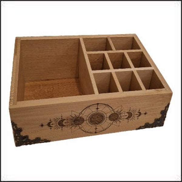 Organiseur en bois maquillage salle de bain gravé phase de la lune ou cycle lunaire, rangement bureau accessoires