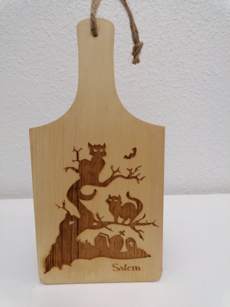 Halloween Petite Planche à Découper de Présentation en Bois Gravée Des Chats Noirs Salem sur Un Arbr