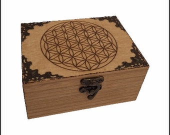 Geschenkbox aus Holz mit gravierter Blume des Lebens und verziert mit Bronze mit 2 Fächern, Steinen, Kristallen, Armbändern, Schmuck, Tee, ätherisches Öl
