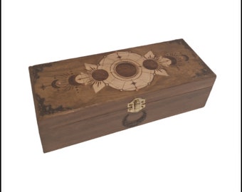 Rectangular wooden storage box engraved with the different phases of the moon lithotherapy essential oil tea stones crystals