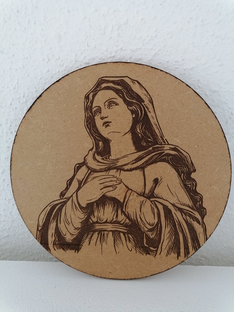 Portrait sur Bois Gravé Sainte Vierge Marie en Prière Icône Religieuse Chrétienne Catholique Notre D