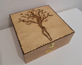 Box engraved with a sylph or tree-woman with birds butterfly and bronze essential oils tea stones crystals jewelry