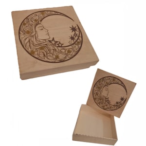 Boite gravée d'une lune représentant un profil féminin, dessin mystique boite à bijoux, pierres, cristaux, boite cadeau personnalisée ...