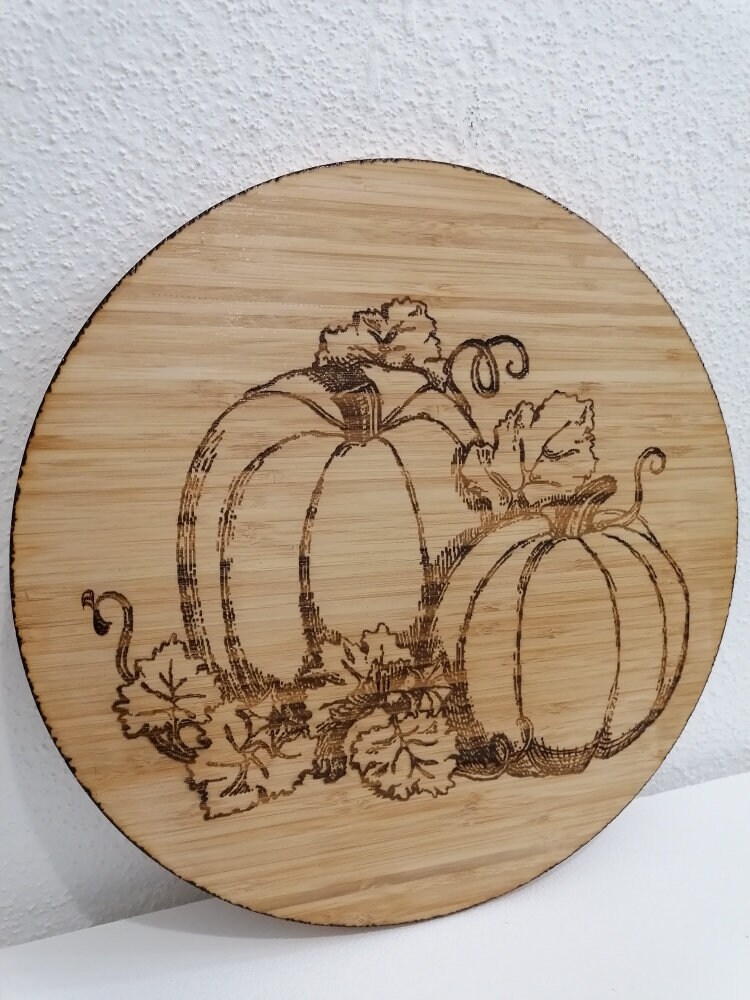 Plateau Tournant en Bois Gravé de Citrouilles Décoration Automne Courges Halloween Thanksgiving Cent