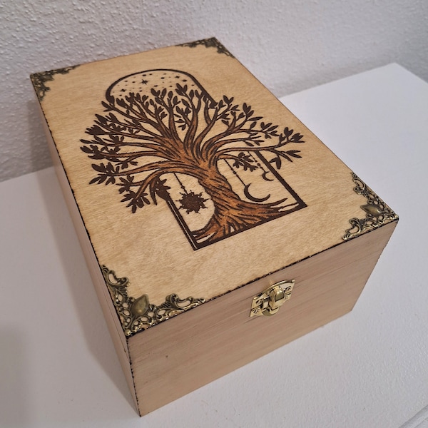 Essential oils box engraved with a Celtic tree of life one sun star and celestial door high tea box photos