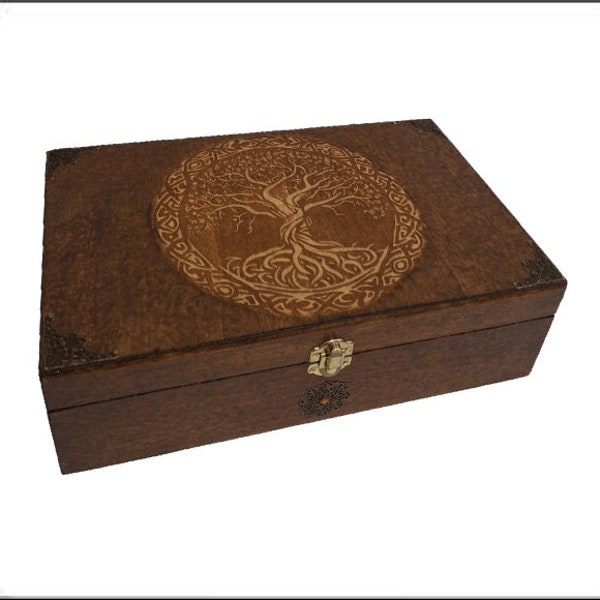 Box engraved with a knotty Celtic tree of life crowned with Celtic knots, storage box for bottles of essential oils, hydrosol, tea