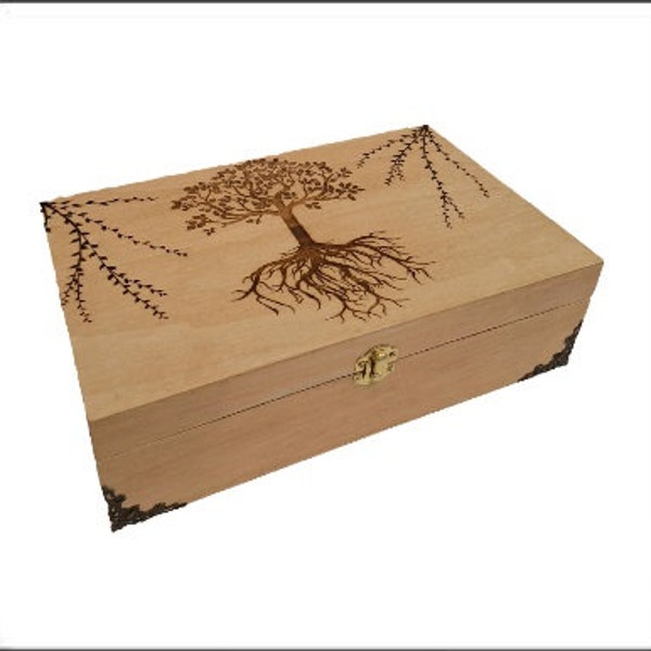 Grande boite gravée d'un Arbre de vie celtique  branches à feuilles thé huile essentielle bijoux pierre cristaux