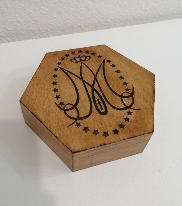 Wooden box Monogram Virgin Mary various use storage religious objects, Rosary souvenirs ordination priest baptism communion
