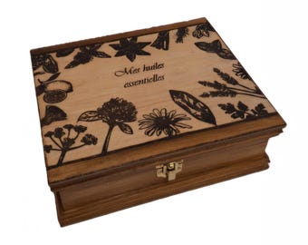 Storage box for essential oils engraved with medicinal plants for aromatherapy, herbalism