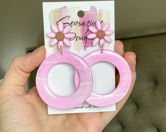 Polymer Clay earrings, Daisy earrings, Flower earrings, Handmade, Pink, Jewelry, Resin earrings, Pink earrings, Flowers, Elegant, Shiny
