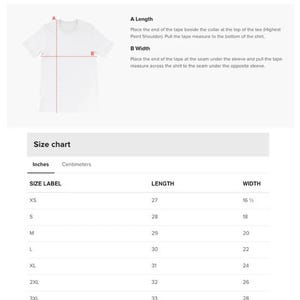 May include: Size chart for a printed or embroidered tee shirt. The chart shows the size label, length in inches, and width in inches. Sizes range from XS to 5XL.