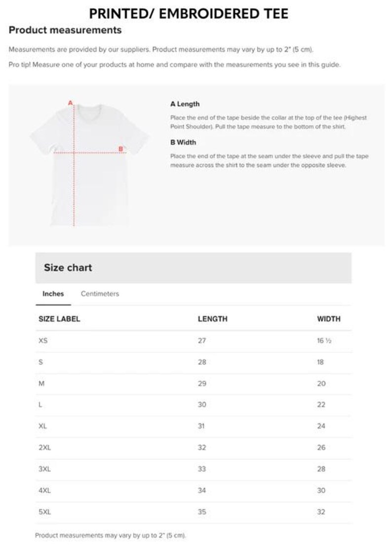 May include: Size chart for a printed or embroidered tee shirt. The chart shows the size label, length in inches, and width in inches. Sizes range from XS to 5XL.