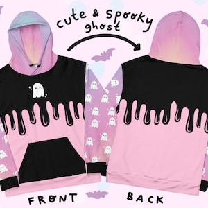 Pastel Goth Spooky Cute Ghost Halloween Kawaii Pink and Black Colorblock Unisex Hoodie