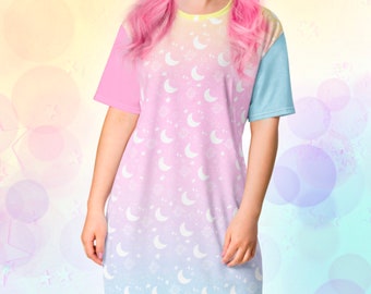 Sweet Dreams - Pastell Colorblock Celestial Kawaii Harajuku Fairy Kei Comfy T-Shirt Kleid 2XS-6XL Größen