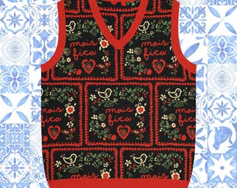 Grandma's Cross-Stitch Mais Fica Portuguese Inspired Knit V-neck Vest 3XS - 3XL