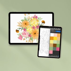 May include: A digital illustration of a bouquet of flowers in shades of pink, yellow, and orange. The image is displayed on a tablet screen next to a color palette for a paint-by-numbers app.