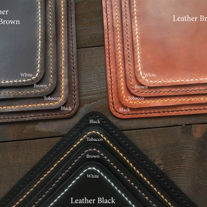 May include: Four leather squares in different colors, each with four layers of stitching in different colors. The colors are: dark brown, brown, tobacco, and black. The stitching colors are: white, brown, tobacco, and black. The text "Leather Darck Brown", "Leather Brown", and "Leather Black" is visible on the squares.
