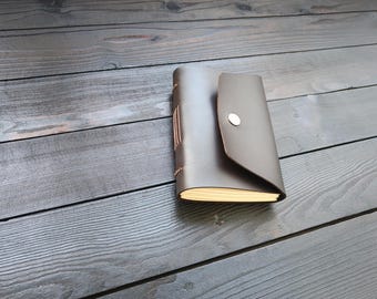 May include: A brown leather-bound journal with a flap closure and a metal button. The journal is lying on a dark wood surface.