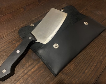 Leather sheath for cleaver, Leather cover with fasteners, leather Knife Cover, Handmade Knife Sheath, Leather Sheath, Chef Knife Cover.