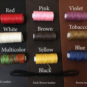 May include: A collection of spools of thread in various colors, including red, pink, violet, tobacco, white, brown, multicolor, yellow, and blue. Black thread is also present. The image includes text labels for each color and the leather colors.